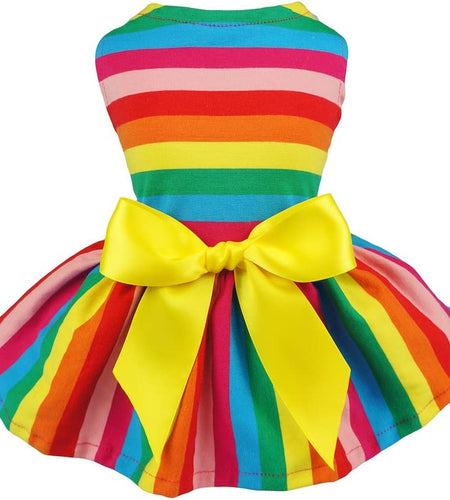 Striped Dog Dress, Summer Dog Clothes for Small Dogs Girl, Pet Cat Outfit, 100% Breathable Cotton, Yellow, Small