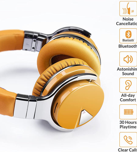 E7 Active Noise Cancelling Headphones Bluetooth Headphones with Microphone Deep Bass Wireless Headphones over Ear, Comfortable Protein Earpads, 30 Hours Playtime for Travel/Work, Yellow