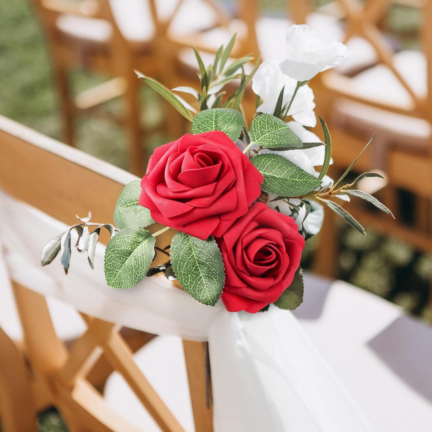 50Pcs Red Roses Artificial Flowers, Dark Red Roses Real Touch Foam Fake Roses Bulk with Stem DIY Craft Flowers for Wedding Bridal Bouquets Centerpieces Arrangement Party Home Decorations