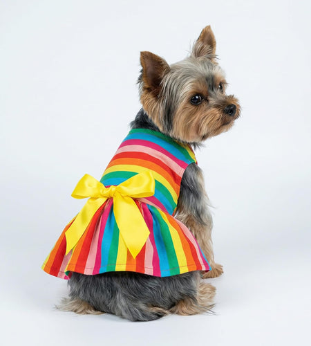 Striped Dog Dress, Summer Dog Clothes for Small Dogs Girl, Pet Cat Outfit, 100% Breathable Cotton, Yellow, Small