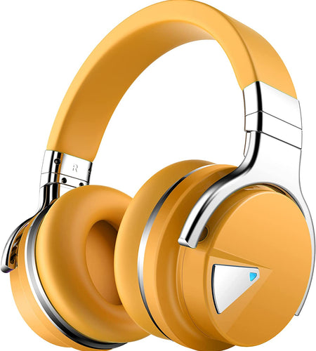 E7 Active Noise Cancelling Headphones Bluetooth Headphones with Microphone Deep Bass Wireless Headphones over Ear, Comfortable Protein Earpads, 30 Hours Playtime for Travel/Work, Yellow