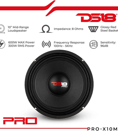 PRO-X10M Loudspeaker - 10", Midrange, Red Steel Basket, 600W Max, 300W RMS, 8 Ohms - Premium Quality Audio Door Speakers for Car or Truck Stereo Sound System (1 Speaker), Classic