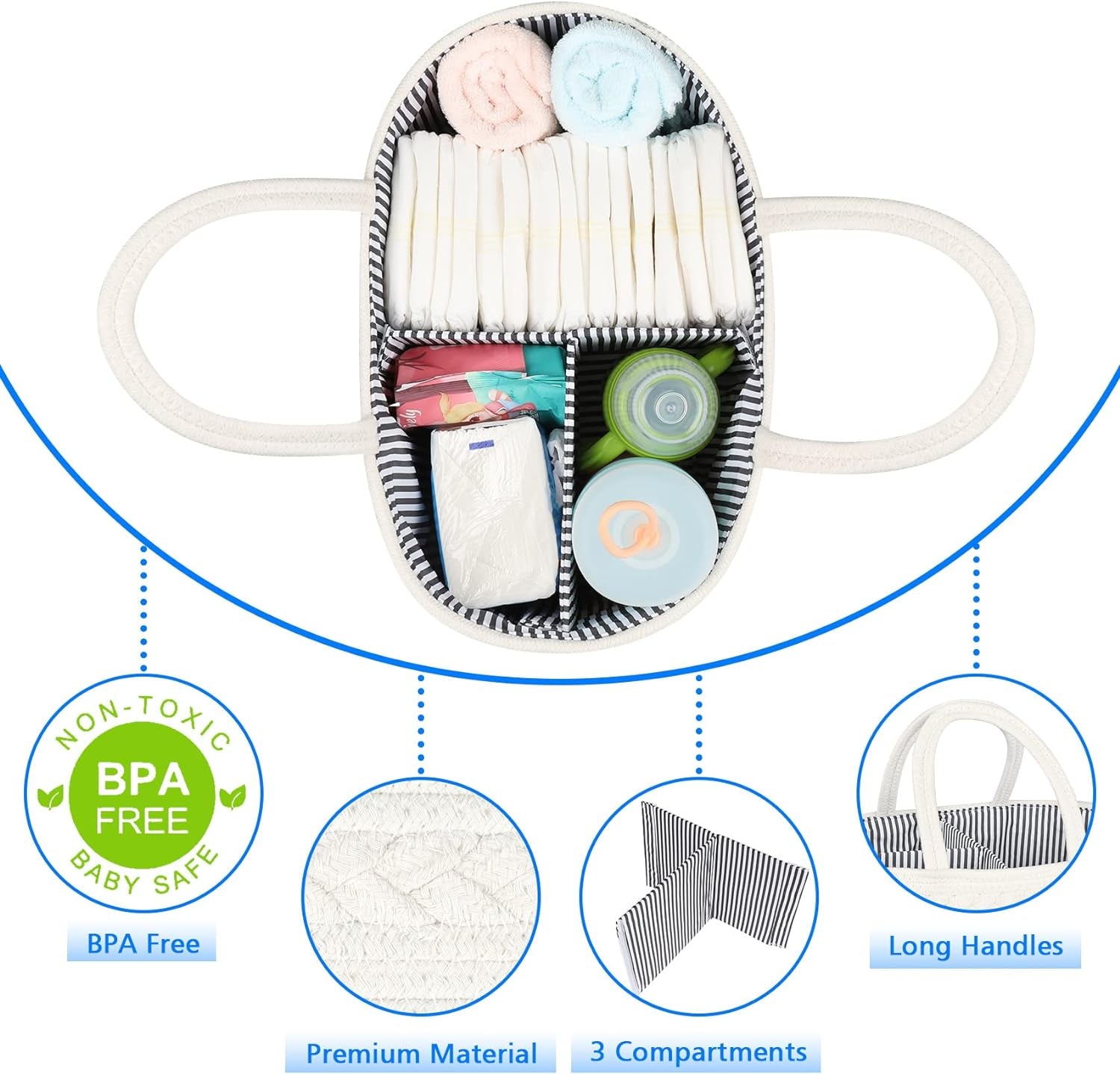 Baby Diaper Caddy Organizer, Boho Rope Nursery Storage Baby Basket Bin Gift Bags for Boys Girls, Portable Caddy Organizer for Changing Table Car, Ideal Gift Baby Shower Basket (White)