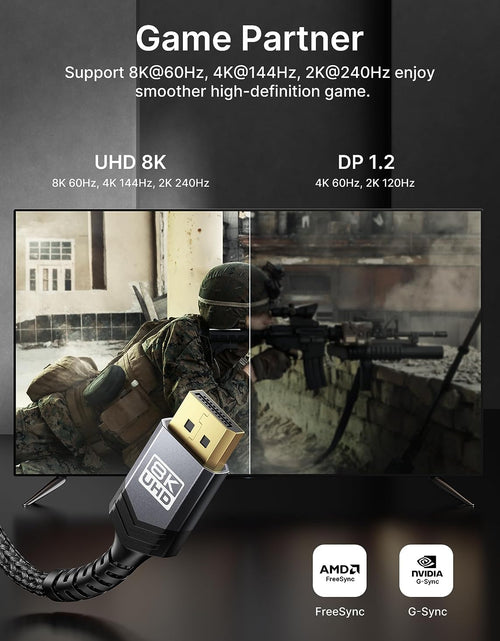 Load image into Gallery viewer, Displayport Cable 1.4 10Ft, 8K DP Cable | 8K@60Hz, 4K@144Hz, 2K@240Hz 2K@165Hz | HBR3, 32.4Gbps, HDR10, Freesync, G-Sync for Gaming Monitor Graphics 3090 4090 PC -Grey
