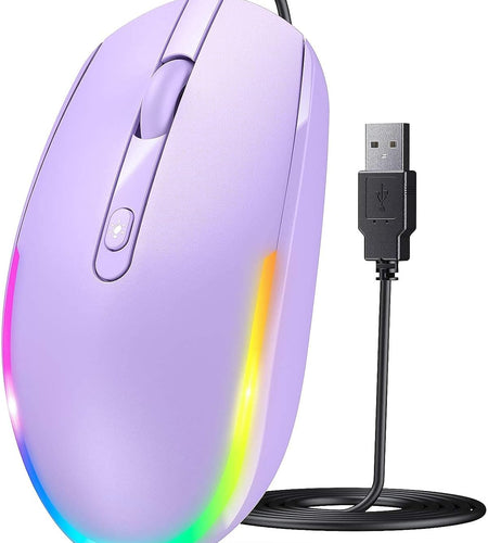 Wired Mouse - USB Computer Mouse Wired with RGB Backlit Optical LED Mouse with Attached USB Cord for Laptops Notebooks Chromebook - Purple