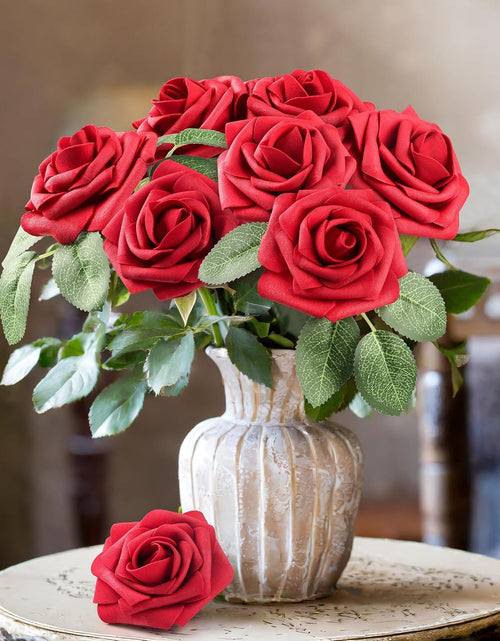 Load image into Gallery viewer, 50Pcs Red Roses Artificial Flowers, Dark Red Roses Real Touch Foam Fake Roses Bulk with Stem DIY Craft Flowers for Wedding Bridal Bouquets Centerpieces Arrangement Party Home Decorations
