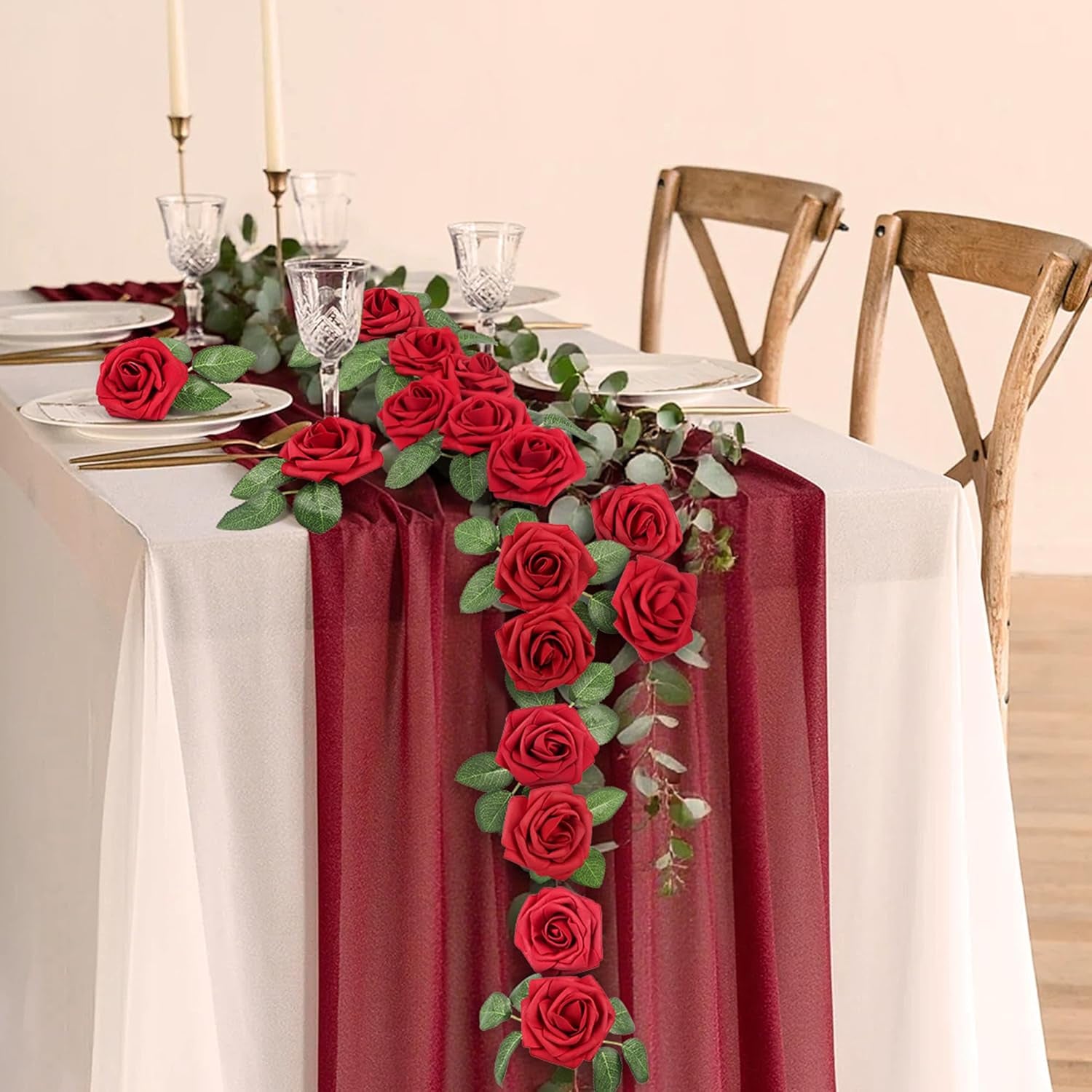 50Pcs Red Roses Artificial Flowers, Dark Red Roses Real Touch Foam Fake Roses Bulk with Stem DIY Craft Flowers for Wedding Bridal Bouquets Centerpieces Arrangement Party Home Decorations