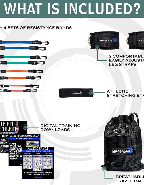 Load image into Gallery viewer, - Speed Agility Exercise Fitness Strength Leg Resistance Bands - Includes Stretching Strap and Digital Training Series – 3 Kit Levels – Youth, Intermediate, and Advanced Athletes
